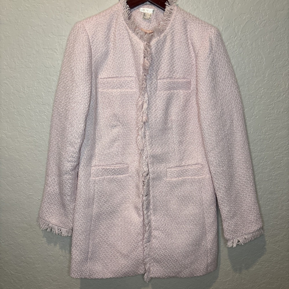 Venus Women's Pink Tweed Open Front Fringe‎ Coat Jacket Size 10